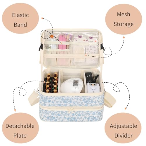 Ethereal Nail Polish Organizer Case Holds 50+ Bottles(15ml/0.5fl.oz) and Nail Lamp, Double Layer Nail Polish Storage Bag for Nail Kit, Manicure Tools,blue flower