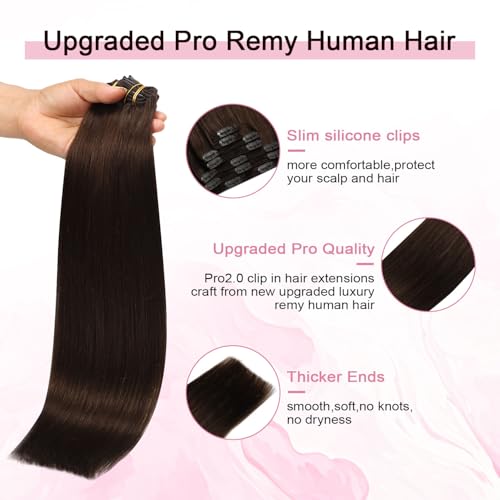 Pro2.0 Clip in Hair Extensions Real Human Hair 22inch 7pcs #4 Chocolate Brown Remy Real Hair Extensions Clip in Human Hair 120g Thick Double Weft for Women£¨#4-22inch£©