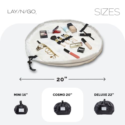 Lay-n-Go Cosmo Drawstring Cosmetic & Makeup Bag Organizer - Portable Drawstring Makeup Bag w/Zipper Pocket, Makeup Loops & More - Durable, Machine Washable Toiletry Bag (20", Comfort/White)