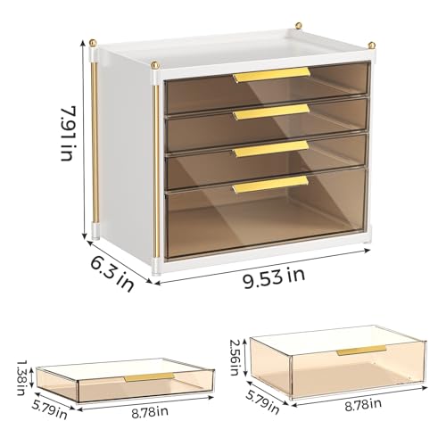Aveniee 4 Drawers Makeup Organizer- Bathroom Organizers and Storage, Plastic Bins Countertop Perfume Vanity Desk Organization for Cosmetic, Skincare, Face Mask, Jewelry, Gold