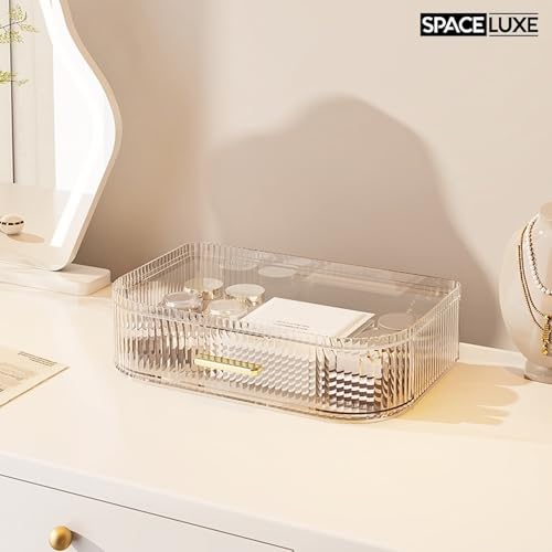 Makeup Organizer with Drawers and 360¡Æ Rotating Brush Holder, Large Capacity Cosmetic Storage for Vanity, Skincare, Perfume, Hair Accessories, Lipstick & Jewelry (Clear, 2-layer)