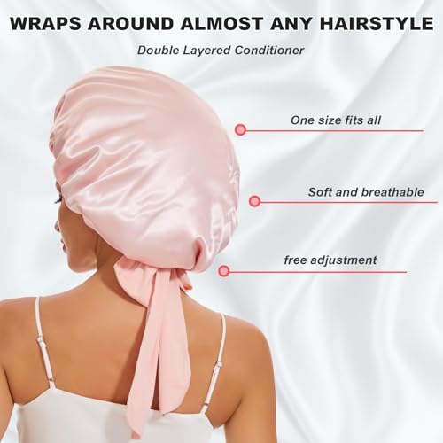 Large Silk Bonnet for Sleeping, Satin Hair Bonnet for Sleeping with Tie Band, Double Layer Satin Bonnets for Women Natural Curly Hair Shower cap