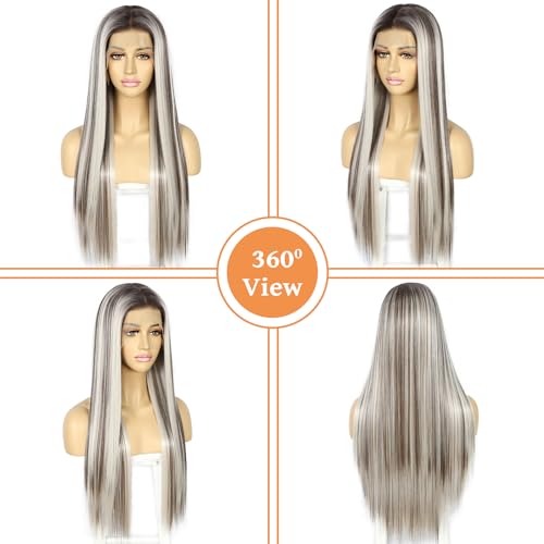 SAPPHIREWIGS Straight Synthetic Lace Front Wigs for Women Ombre Platinum Blonde Wigs with Brown Highlight Glueless 13¡¿6 Long Silky Straight Wig Pre-plucked Hairline Daily Use 26 Inches