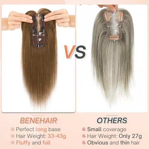 Benehair Hair Toppers for Women Real Human Hair 360¡Æ3D Clip in Bangs Toppers with Bang for Thinning 150% Density Hairpieces Long Coverage Wiglet for Daily Use #04 Medium Brown 14Inch