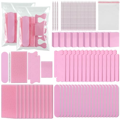 50 Sets Disposable Pedicure Kit Individually Package 5 in 1 Pedicure Tools Pumice Stone Nail File 80/100 Grit Mini Buffer Toe Separator Cuticle Pusher Clear Bag for Salon Home(Pink)