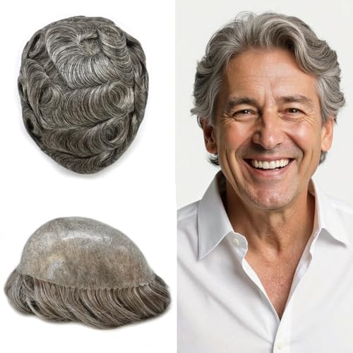 Hair System For Men Toupee Human Hair Replacement All Poly Mens Hair Piece 0.1mm Skin PU Hairpieces For Man Grey Brown Black Wigs(8"X10", #1B60 1B# OFF BLACK WITH 60% SYNTHETIC GREY)