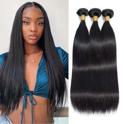 Straight Bundles Human Hair 16 16 16 Inch Brazilian Straight Hair Bundles 100% Unprocessed Virgin Hair Weave Bundle Human Hair Extensions for Women Trippy Hair Bundle Natural Color