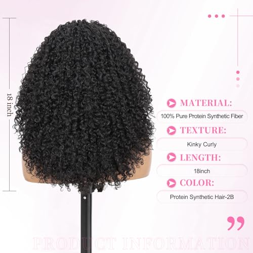 Fine Plus Curly Half Wig, 3-in-1 Glueless Wig 18inch Protein Synthetic with Human Hair Feel 180% Density Ready-to-Wear for Daily Use/Beginner Friendly (Color: Protein Synthetic Hair-2B)