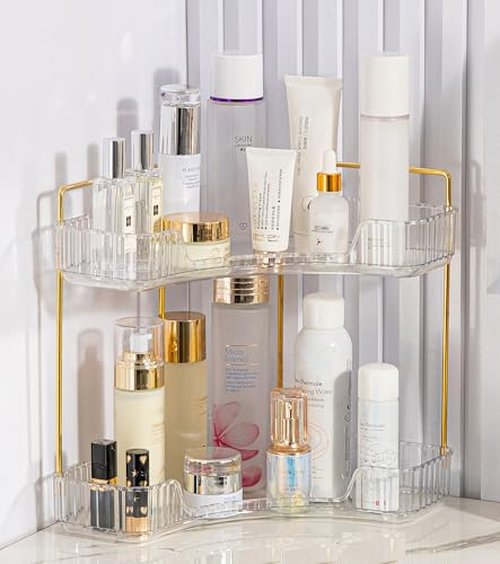 COMODID 2-Tier Clear Corner Bathroom Countertop Makeup & Perfume Organizer Shelf