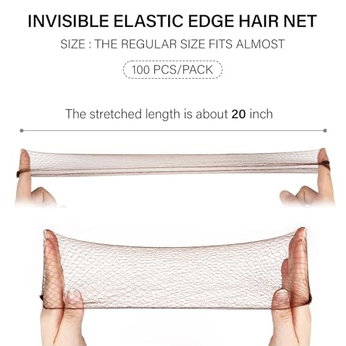 100Pcs Brown Hair Nets for Women, 20 Inches 50cm Hair Net Comfortable Invisible Long Lasting Elastic Lightweight Hair Nets for Ballet Bun Girls and Women Men (100Pcs,Brown)