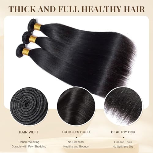 Straight Human Hair Bundles 10 12 14 Inch 12A Brazilian 3 Bundles Deals Human Hair 100% Unprocessed Virgin Hair Double Machin Weft for Black Women Natural Black Color Hair Extensions