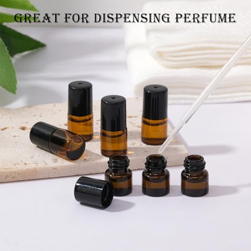 120 pack 1ml Amber Glass Roller Bottles for Essential Oils Refillable Roll-on Applicator with Stainless Steel Roller Balls Mini Leak-proof Makeup Containers with Pipettes and Bottle Opener