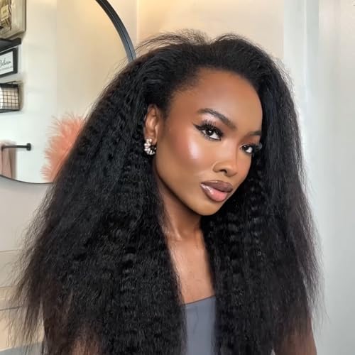 200 Density Kinky Straight Half Wig Human Hair 20 Inch,Yaki Straight 3 In 1 Seamless Flip Over Half Wigs Human Hair Wear Go Glueless Beginner Friendly Curly Half Wig Drawstring Headband Wig for Women