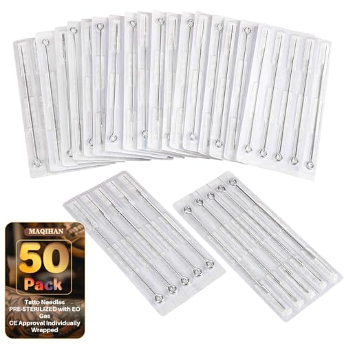 MAQIHAN Tattoo Needles - 50Pcs Disposable Mixed Tattoo Needles for Tattoo Machine 3RL,5RL,7RL,9RL,3RS,5RS,7RS,9RS,5M1,7M1 Assorted Size Professional Tattoo Needle Set for Tattoo Kit