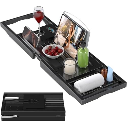 Foldable Bathtub Caddy Tray for Tub,Bamboo Expandable Bath Table Trays,Premium Bathroom Accessories for New Home & Mothers Day & Birthday Gifts for Couples,Black