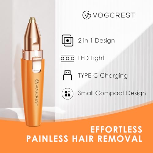 VG VOGCREST Eyebrow Facial Trimmer: 2 in1 Rechargeable Facial Hair Removal and Eyebrow Shaver - Face Lips Body Painless Facial Razor with Built-in LED Light (Orange)