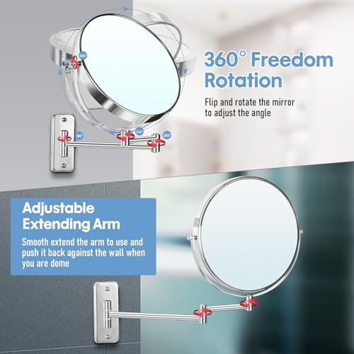 Large Size 9-in Wall Mounted Magnifying Makeup Mirror 1X/10X Magnification,Extendable Bathroom Mirrors Wall Mount Vanity Mirror for Shaving,12-in Folding Arm,Flexible Adjustable,Space-Saving,No Light