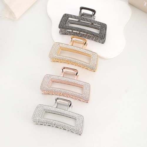 3.5 Inch Square Metal Large Claw Clips, 4 Pack Rhinestones Hair Clamps for Women and Thinner,Thick hair styling,Strong Hold jaw clips