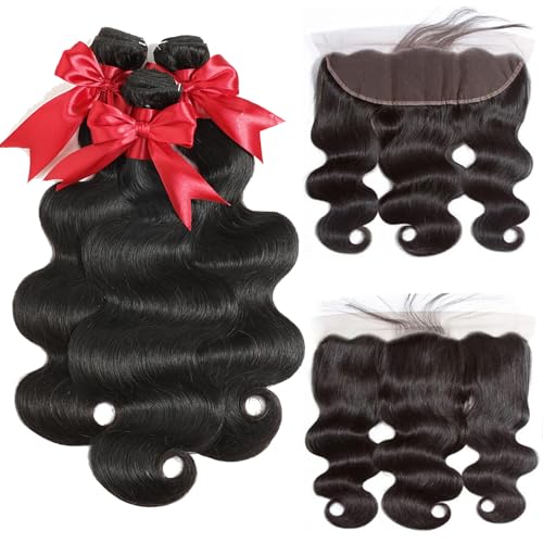 12A Body Wave Bundles with Frontal Human Hair 16 18 20+14 Inch Brazilian Virgin Body Wave Human Hair Weave 3 Bundles with 13x4 HD Lace Frontal Closure