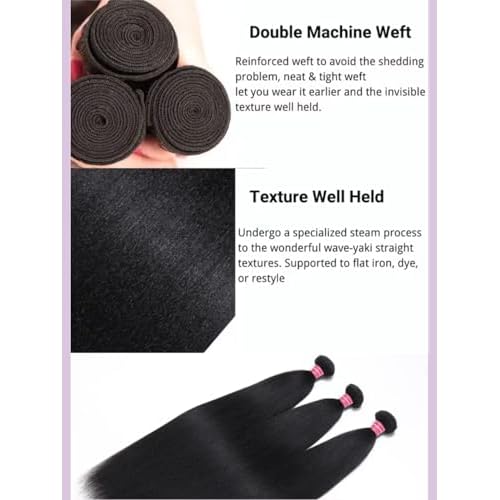 YIROO Yaki Straight Human Hair Weave 3 Bundles 12A Kinky Straight Double Wefts for Women Unprocessed Real Virgin Hair Sew In Human Hair Extensions Cllip In Light Yaki Natural Black Color 16 18 20Inch