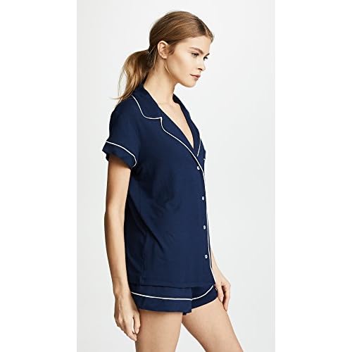 Eberjey Gisele Classic Women's Pajama Set | Short Sleeve Button Down Shirt w Front Pocket, Shorts w Elastic Waist Navy/Ivory