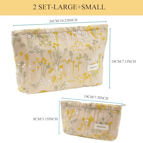 2 Pcs Makeup Bags, Large Cosmetic Bag Travel Toiletry Bag Organizer for Women, Embroidery Craft, Floral Makeup Bag Small Cosmetic Pouch Purse with Zipper Gifts for Girls Teen