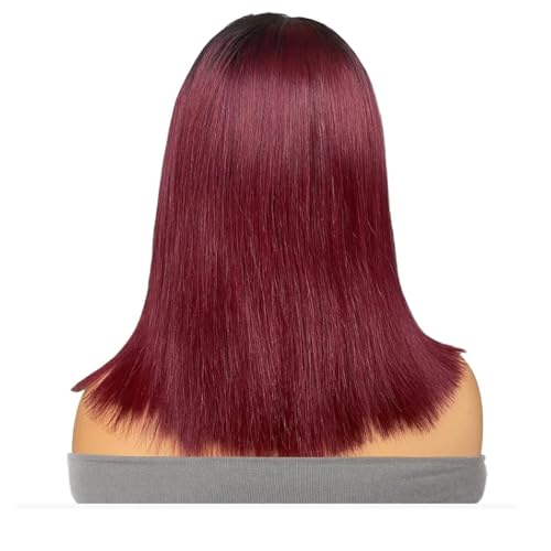 Blunt Cut Human Hair Straight #1B/99J burgundy 13X6 HD Transparent Lace Front Wig with Baby Hair 100% Virgin Glueless Brazilian Remy 150% Density for Black Women 12 Inch