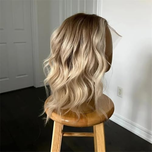 Short Bob Ash Blonde Lace Frontal Wig Human Hair Brown Highlight 13x4 Water Wave HD Transparent Lace Front Human Hair Wigs For Women 180% Density Brazilian Hair Blonde Highlight Wigs 12Inch