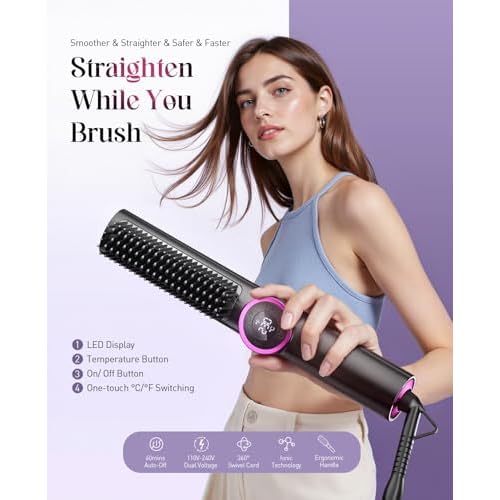 Hair Straightener Brush for Women: Negative Ionic 3-in-1 Curling & Straightening Brush, Ceramic Hot Comb with 15 Temps for Hair Styling