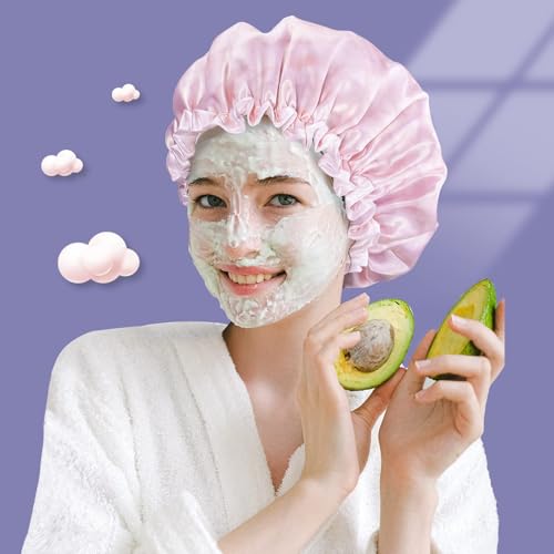 Aquior Shower Caps, Reusable Shower Cap for Women, Double Layer Waterproof Bonnet Hair Cap, Large Size for All Hair Lengths,for Girls Spa Home Salon Use (Pink Cloud)