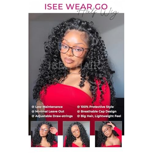 ISEE Half Wig Human Hair Water Wave Human Hair Glueless Wigs Seamless Clip Ins Flip Over Wear Go Wig Invisible Hairline Beginner Friendly 20 Inch