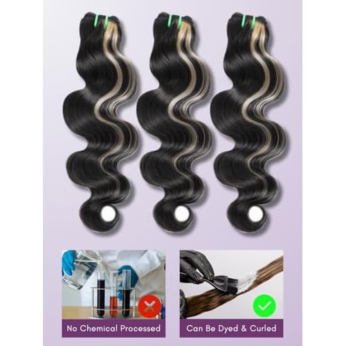 Black With Blonde Highlight Body Wave Single Bundles Human Hair 18 In, Blonde Highlight Skunk Stripe Bundles Thick Track Sew In # F1B/613 Ombre Balayage Colored Brazilian Quick Weave Sew In Remy