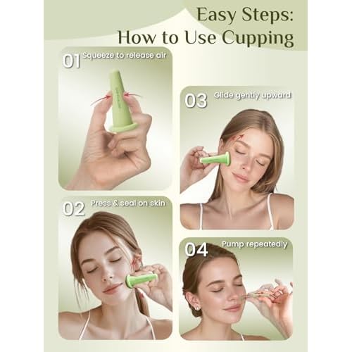 Rena Chris Facial Cupping Set & Gua Sha Facial Tool - Silicone Cupping Set & Jade Gua Sha Stone - Face Cupping Therapy Set for Natural Skin Care, Puffiness, Lip Plumping(Green)