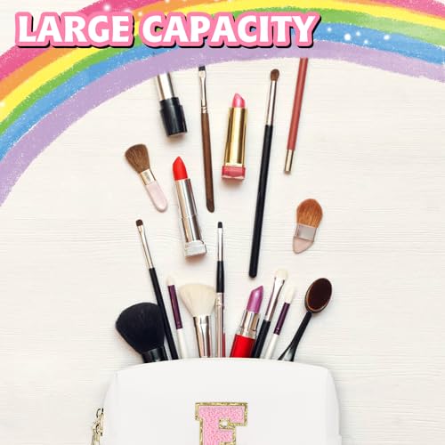 Initial Makeup Bag,Personalized preppy bag Waterproof PU Leather Chenille Letter Cosmetic Bag,Portable Travel Toiletry Bag Monogram Birthday Gift for Women Girls Mom Friends (Letter E)