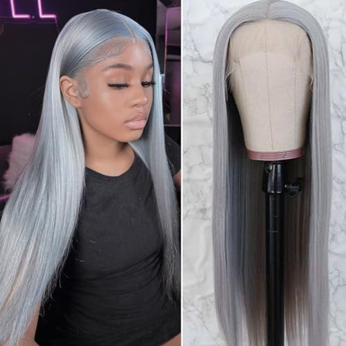 Grey Lace Front Wig 13x6 Silver Grey Wig Human Hair Pre Plucked Straight Lace Front Wigs Human Hair 22 Inch Glueless HD Lace Frontal Wigs Colored