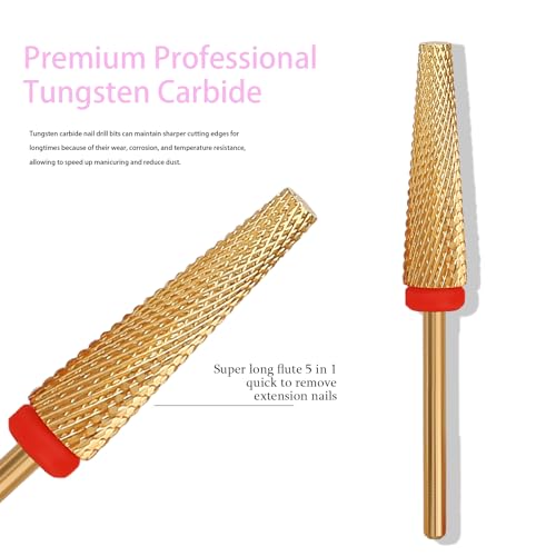 Super Long 5 in 1 Nail Drill Bits, Professional 3/32'' Carbide Tungsten Two Way Rotary Advanced Safety Bits, Fast Remove for Manicure Pedicure Cuticle Acrylic Nails (Gold, Fine-F)