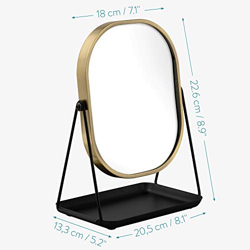 Navaris Magnifying Table Top Mirror - Double-Sided 1x/3x Magnification Vanity Makeup Mirror with Tray - For Bathroom, Bedroom, Desk - Black and Gold