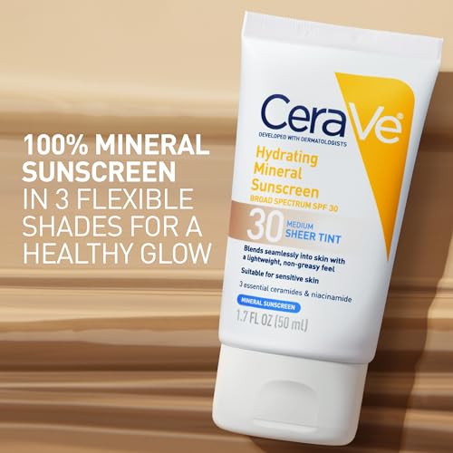 CeraVe Hydrating Mineral Sunscreen SPF 30 with Sheer Tint, Tinted Mineral Sunscreen with Zinc Oxide & Titanium Dioxide, Blends Seamlessly For Healthy Glow, Light, 1.7 Oz