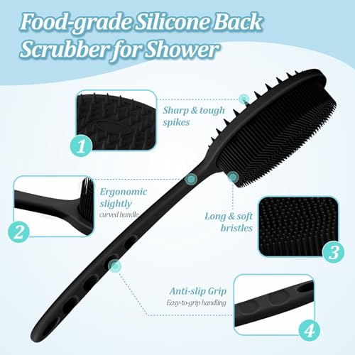 Silicone Back Scrubber & Bath Glove Set 2PCS, 13.4'' Gentle Shower Back Scrubber with Dual-Side Head Non-Slip Handle, 360¡Æ Anti-Slip Hand-fit Bath Glove for Rich Foaming Deep Cleaning(Black)