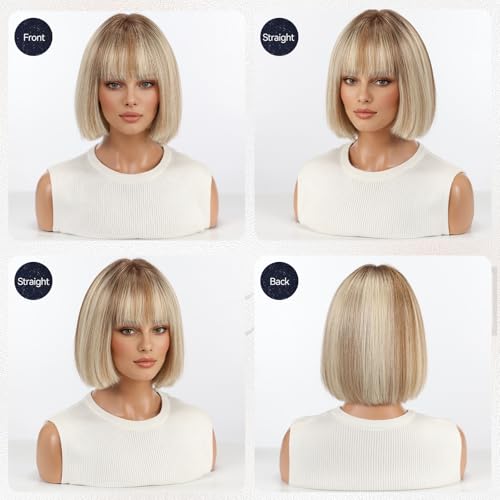 starluck Real Human Hair Wigs for Women, 10 Inch 100% Luxury Virgin Bob Sleek Wig Human Hair with SilkHug Cap, Natural for Daily & Parties Light Blonde with Light Brown with Blunt Bangs (T4/613/6#)