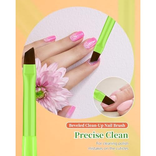 3PCS Nail Polish Clean Up Brush, Round&Falt&Angled Acetone Resistant Nail Brush for OPI Nail Polish Remover, Fingernail Cleaning Brushes at Home Nail Art and Designs(Bright Green)