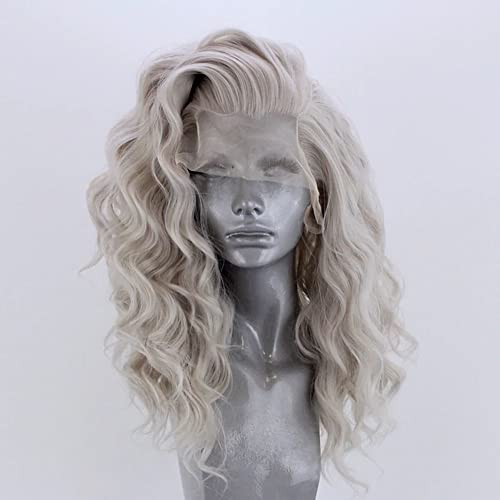 RONGDUOYI Shoulder Length Light Grey Body Wave Lace Front Wigs for Women Girls Heat Resistant Synthetic Wig with Free Part Ash Silver Natural Looking Daily Wear Wig (16Inch, 4503)