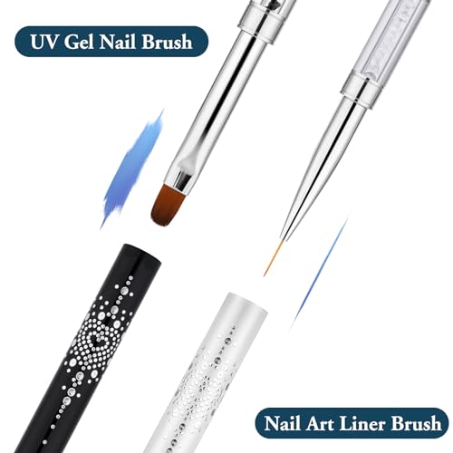 2pcs Hard Gel Nail Brush, French Manicure Brush French Tip Nail Gel Liner Brush, Builder Gel Brushes for Design Nails Dual-Ended Nail Design Brushes Rhinestone Handle Nail Brush Professional Nail Art