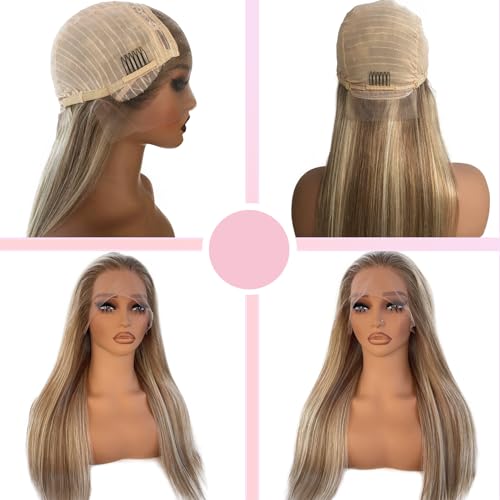 Highlight Lace Front Wig Human Hair Pre Plucked 13x4 Lace Frontal Wigs Glueless Straight Ash Brown to Ash Blonde Highlights Human Hair Wig 180% Density 24 Inch