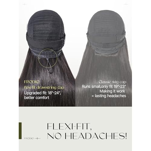 Frodio Drawstring Wigs Glueless Human Hair 6x4 Lace Front Wigs Silky Straight Lace Frontal Wig Pre Cut Plucked Lace Frontal 22 Inches Natural Black