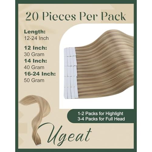 Ugeat Blonde Tape in Extensions Human Hair Highlights Tape in Extensions for Short Dark Ash Blonde with Golden Blonde Straight No Damage to Natural Hair for Wedding 16Inch 20Pcs 50G