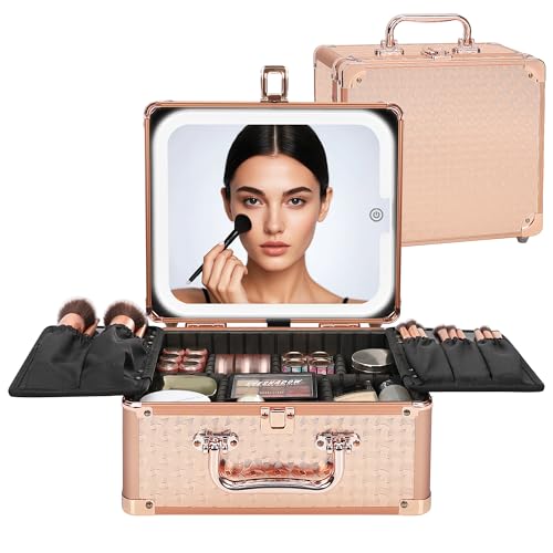 Relavel Makeup Bag with LED Mirror, Makeup Box Travel Train Case with Rechargeable Lighted Mirror, Cosmetic Brush Organizer Storage for Makeup Artists Gifts for Women and Girls, Rose Gold