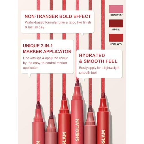 SHEGLAM Love Stained Lip Tint Marker Matte Red Lip Stain Pen Highly Pigmented Long-Lasting Lip Liner Contour Tint Lip Makeup-Bright Side