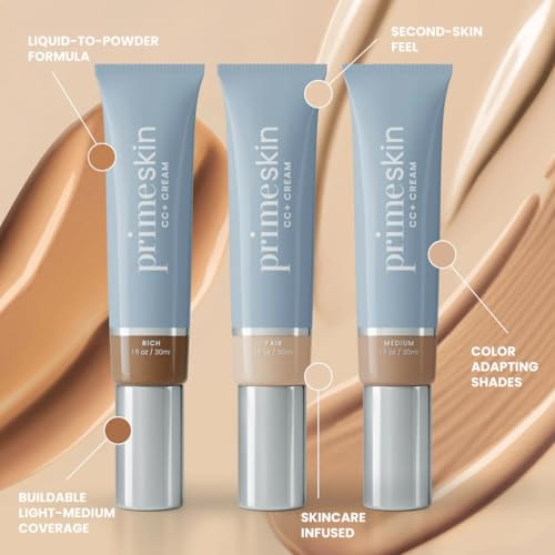 Prime Prometics PrimeSkin CC+ Cream for Mature Women ? Lightweight Liquid-to-Powder Foundation ? Blurs Pores & Covers Age Spots ? Crease-Free, Hydrating & Soft-Matte Finish for Sensitive Skin (Light)
