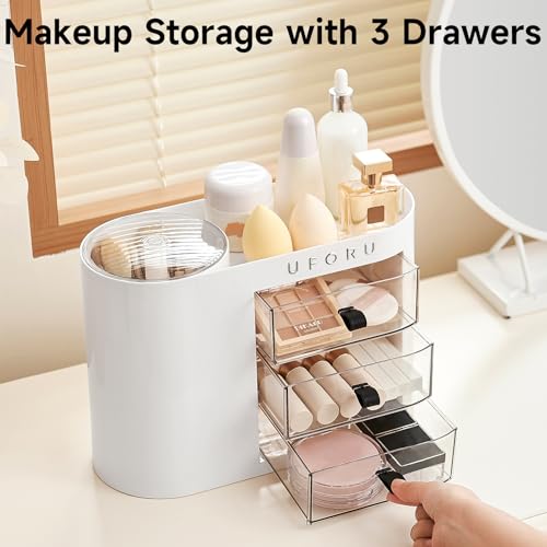 Makeup Organizer with Pop-Up Brush Holder for Dresser Vanity, Plastic Bathroom Counter Organizer with 3 Drawers & Dust-Proof Cover, Cosmetic Display Case for Lipstick, Skincare, White